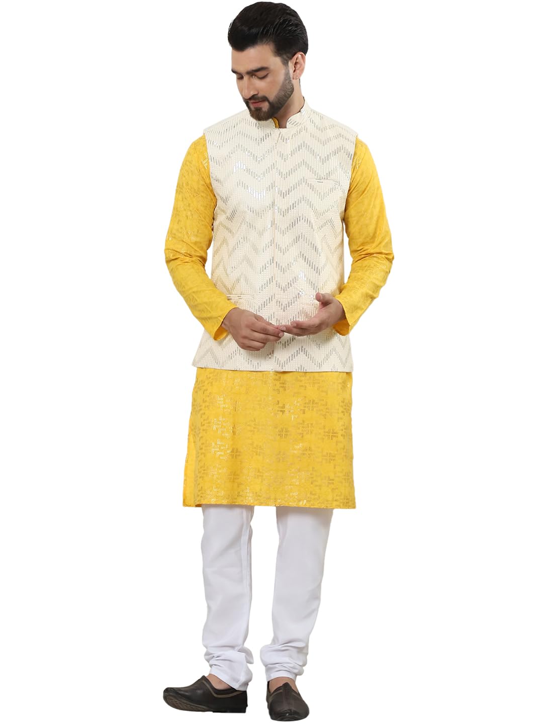 Men's Cotton foil Printed Kurta and White Pyjama with Printed Nehru Jacket-image-17