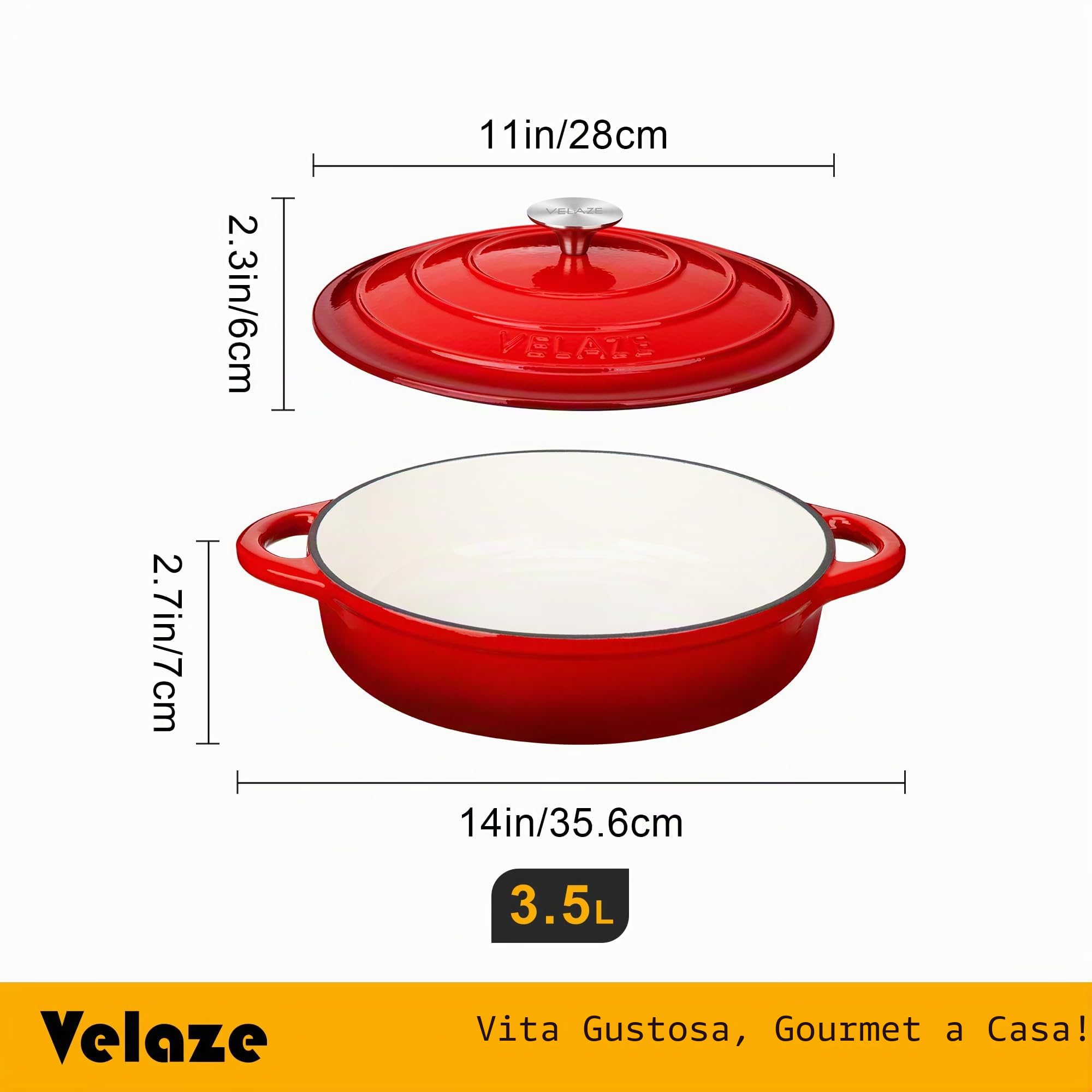 Velaze Casseruola in Ghisa, Pentola a Induzione per Stufati e Brasati, Cocotte Casseruola con Coperchio in Rivestimento Smaltato, Forno Olandese, Rosso, Rotondo - 28cm, 3.5L