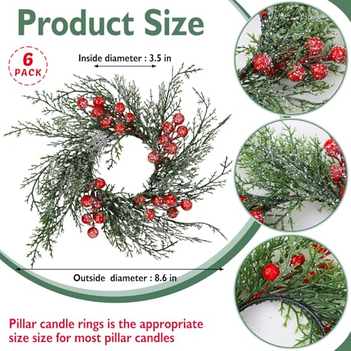 Serlvan 6 Pcs Christmas Candle Rings Wreath Artificial Candle Rings with Red Berry, Snowy Pine Garland Candle Ring Holder for Christmas Decorations Table Centerpiece