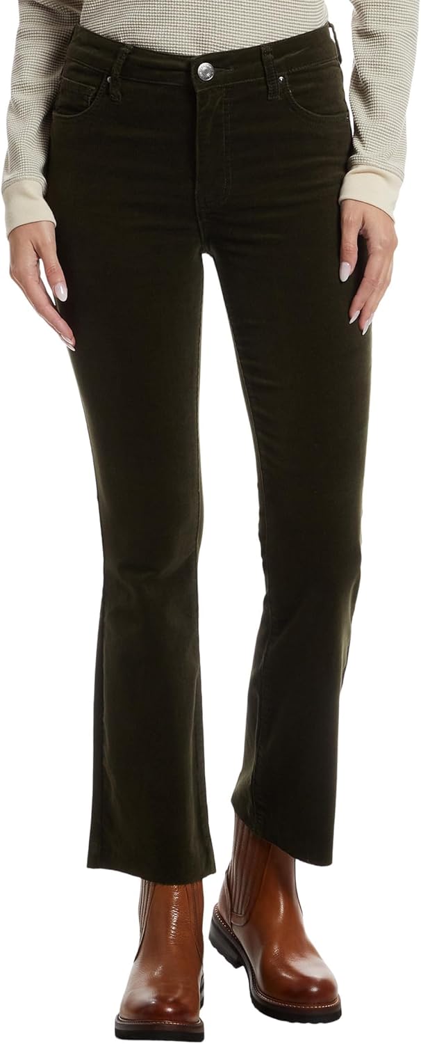 KUT from The Kloth Womens Kelsey Corduroy High-Rise Fab Ab Ankle Flare with Raw Hem in Olive