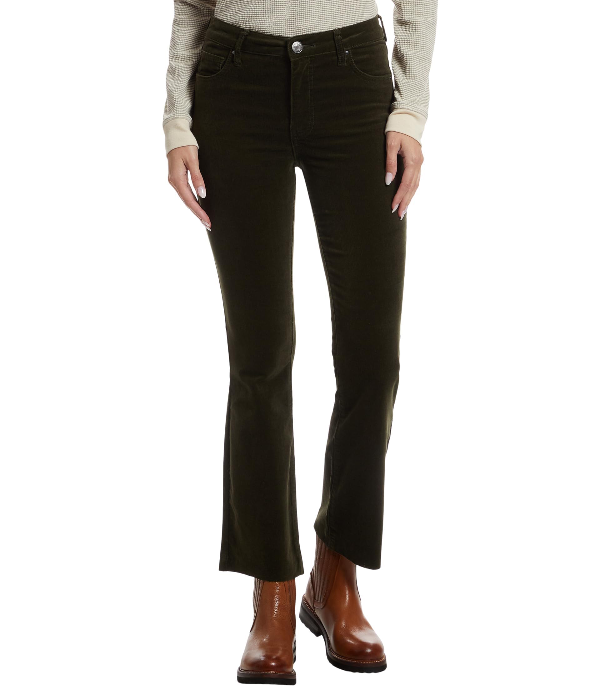 KUT from The Kloth Womens Kelsey Corduroy High-Rise Fab Ab Ankle Flare with Raw Hem in Olive