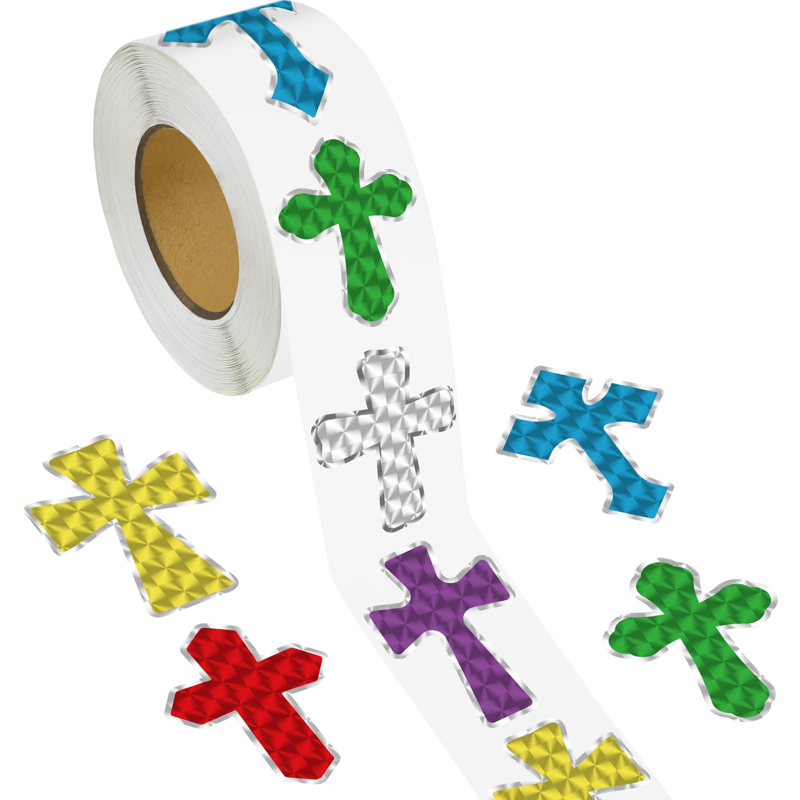 Chivertion 600 Pcs Prism Crosses Stickers for DIY Dazzle Sparkle Jesus Easter Religious Cross Stickers for Sunday Church Rewards Party Favor