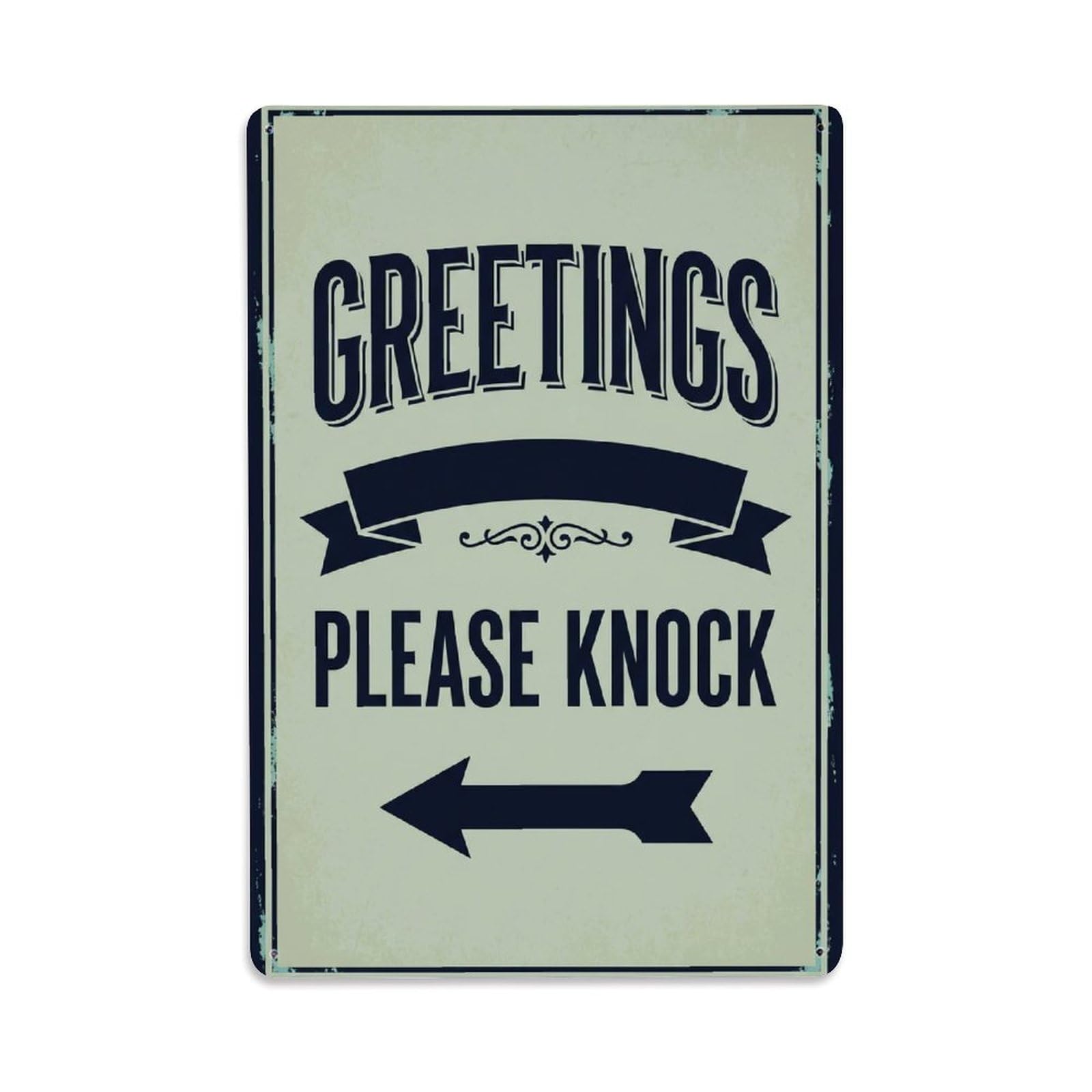 Vintage Greetings Please Knock Arrow Ribbon Metal Tin Sign