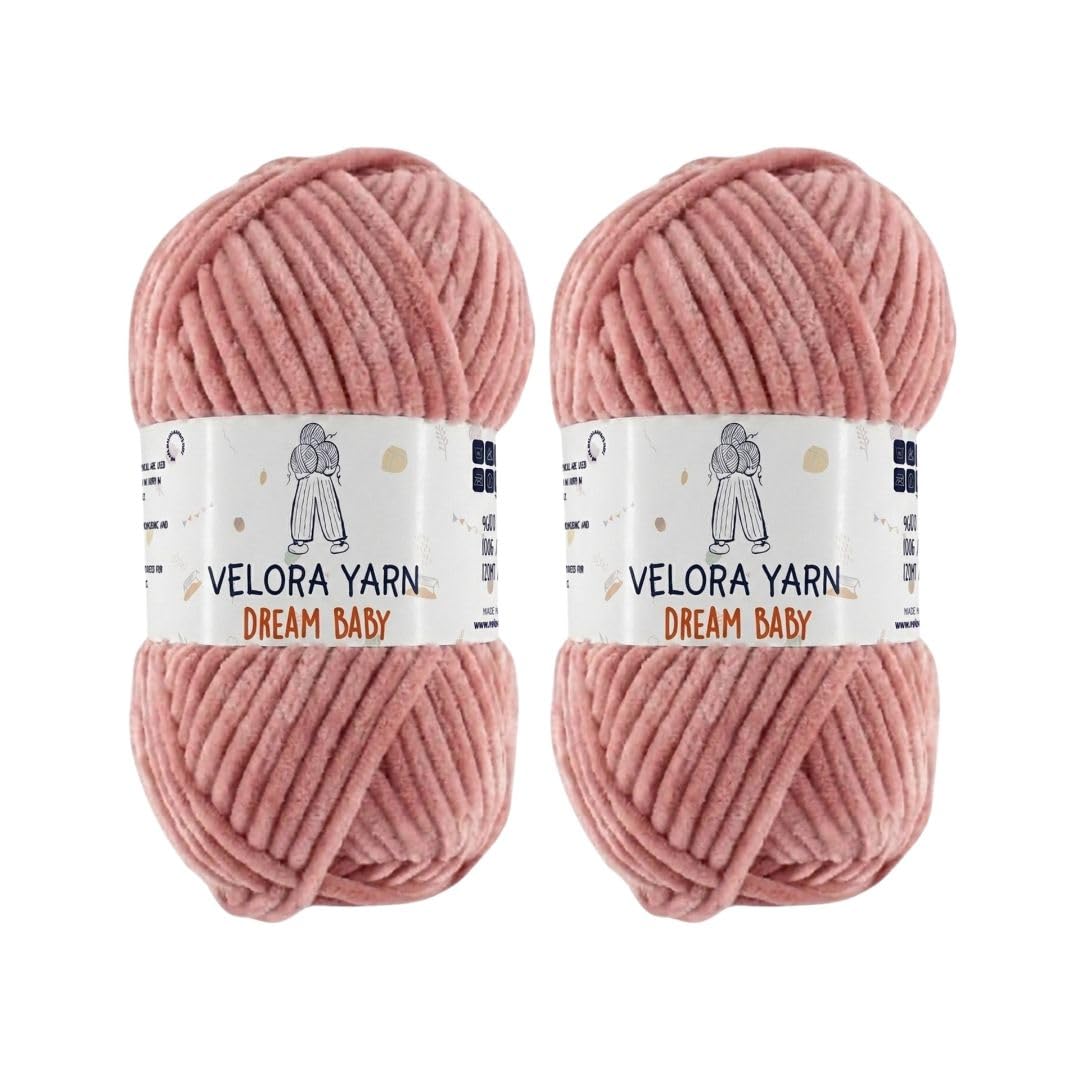 Velora Dream Baby Chenille Yarn Soft Thick Chunky Yarn Skein 100g 120m, Machine Washable for Knitting&Crochet Blanket, Amigurumi, Scarf, Hat,Sweater,Plushies (VY039-Powder, Pack of 2)