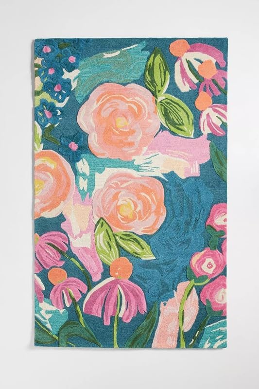 10x14 Ft Hand Tufted Wool Area Rug, Abstract Floral Modern Design Teal Blue Pink Multicolor Premium Handmade Carpet for Living Room Bedroom Home Décor