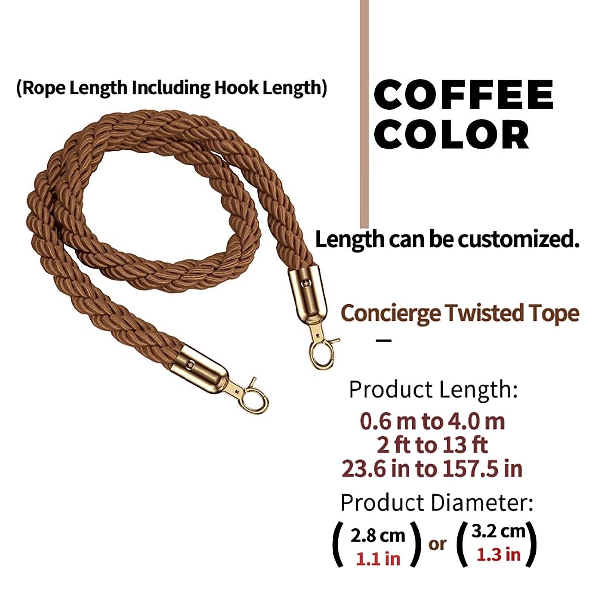 Corde de sécurité torsadée Marron-Argent avec mousquetons – 1,8 m (6 pi) pour poteaux et Supports, barrière de sécurité pour événements (café, etc.)