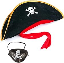 dinghaole 2 Piece Pirate Captain Hat and Eye Patch - Halloween Masquerade Party Costume Hooded Pirate Theme Party Role Play Cosmetic