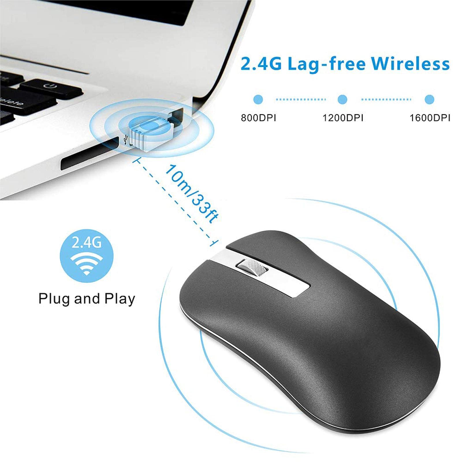 Ładowana mysz bezprzewodowa, mysz komputerowa jest cicha, nadaje się do komputera notebooka PC 2,4 GHz mini USB ergonomiczna bezgłośna mysz 2,4 GHz USB srebrna