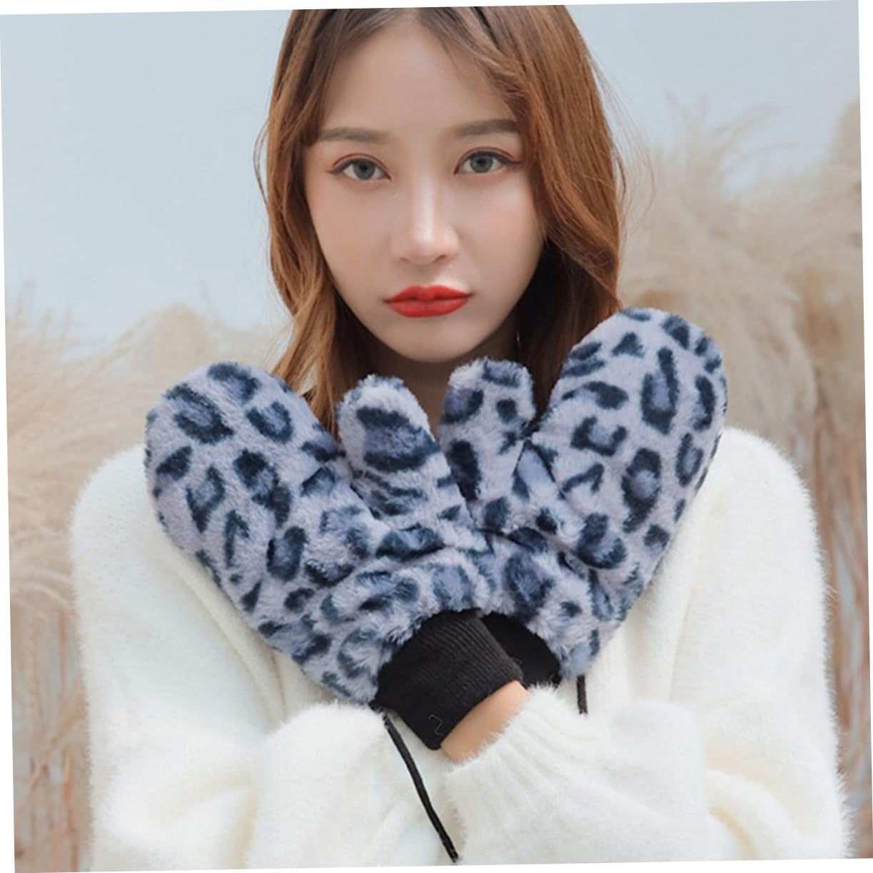 PartyKindom Gloves for Women Warm Leopard Pattern Neck Hanging Riding Outdoor Sports Gloves