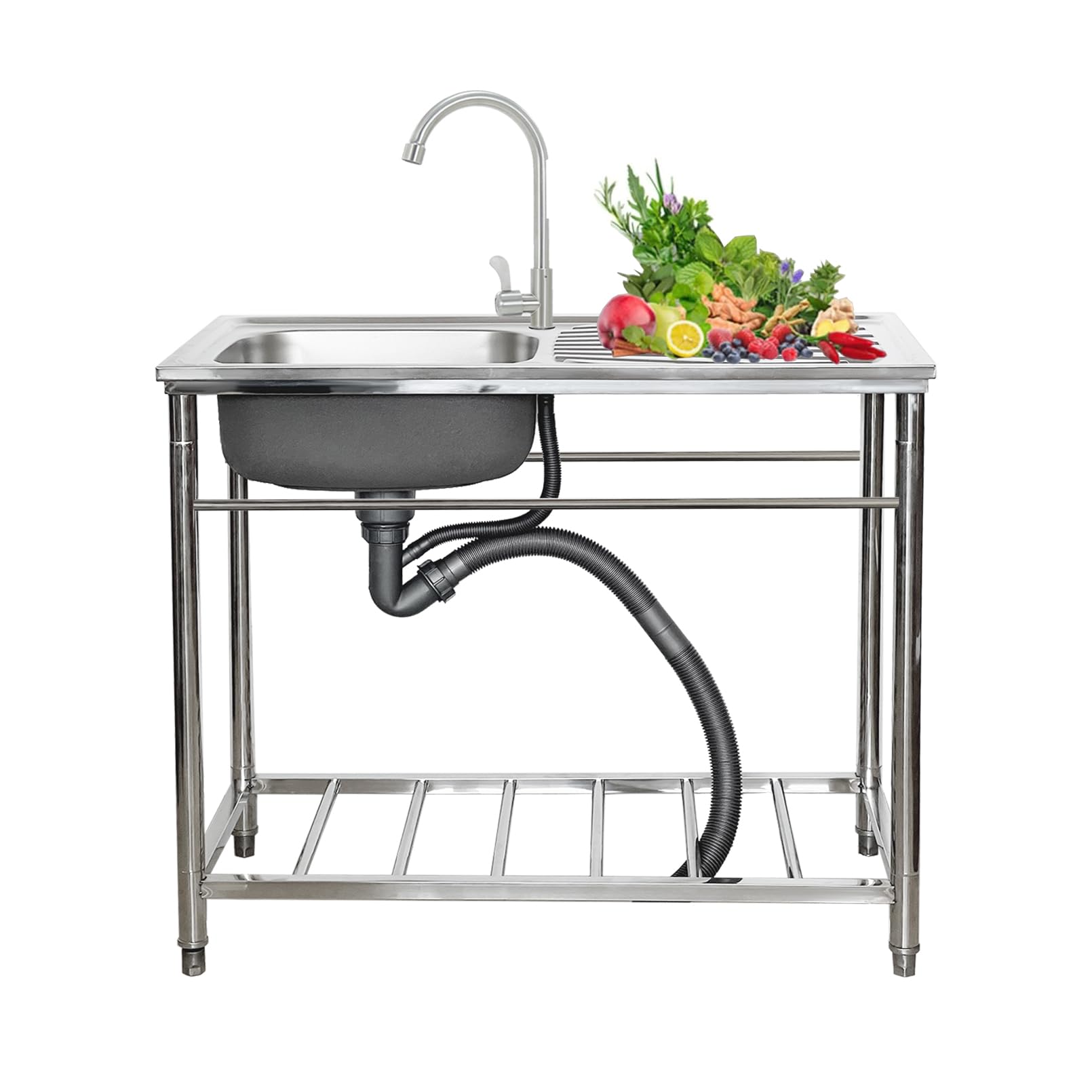 Évier de Cuisine à Une cuve, Poste de Travail, évier Utilitaire en Acier Inoxydable, modèle Industriel autoportant avec Robinet et étagère de Rangement pour buanderie, Bar extérieu