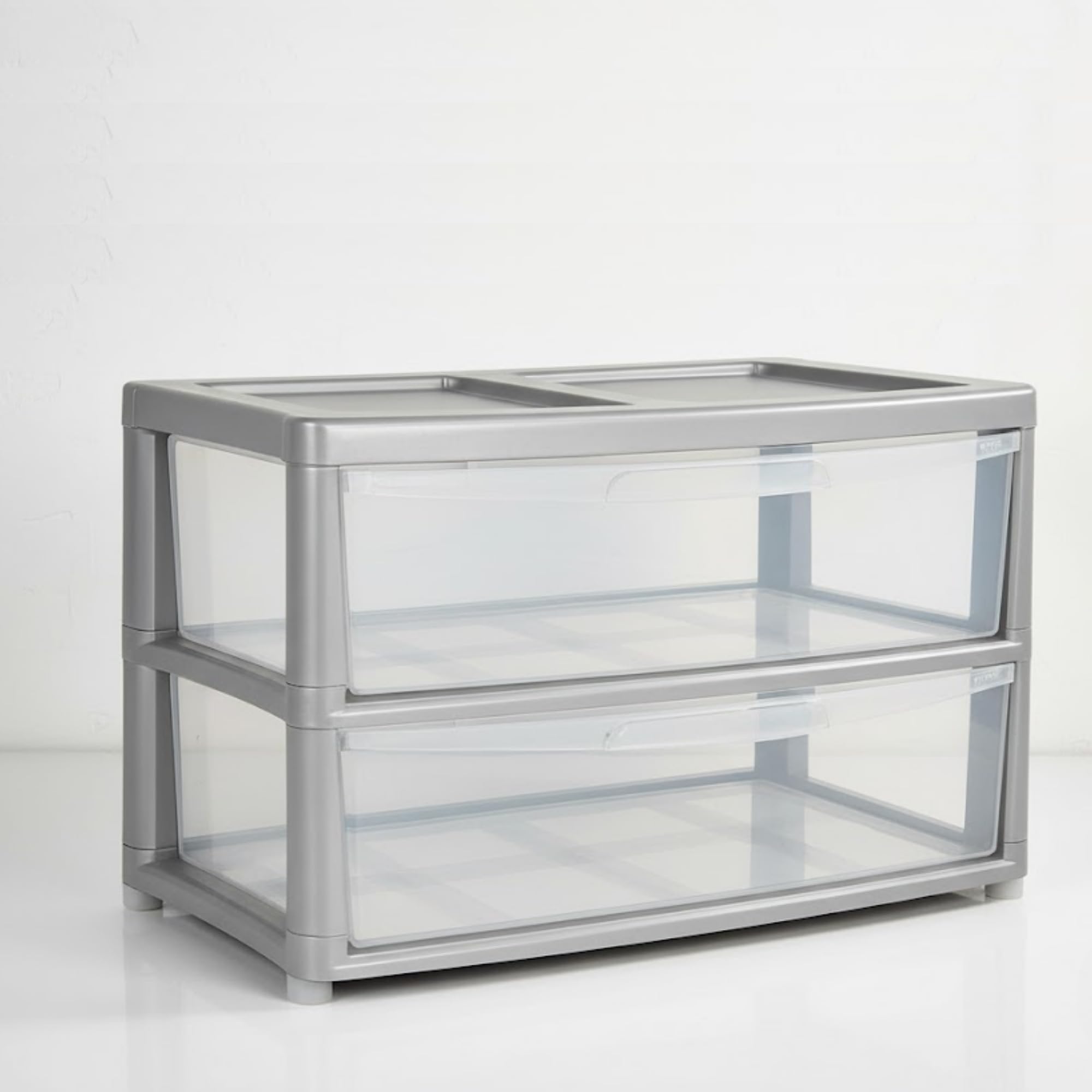 SIDSONS Jumbo Chest 2 Drawers Storage Unit, Plastic Drawers Home Office Closet Bedroom Dorm, Modular Storage Tower Cabinet Nursery School Storage Solution (Silver/Clear, 2 Drawers Jumbo)