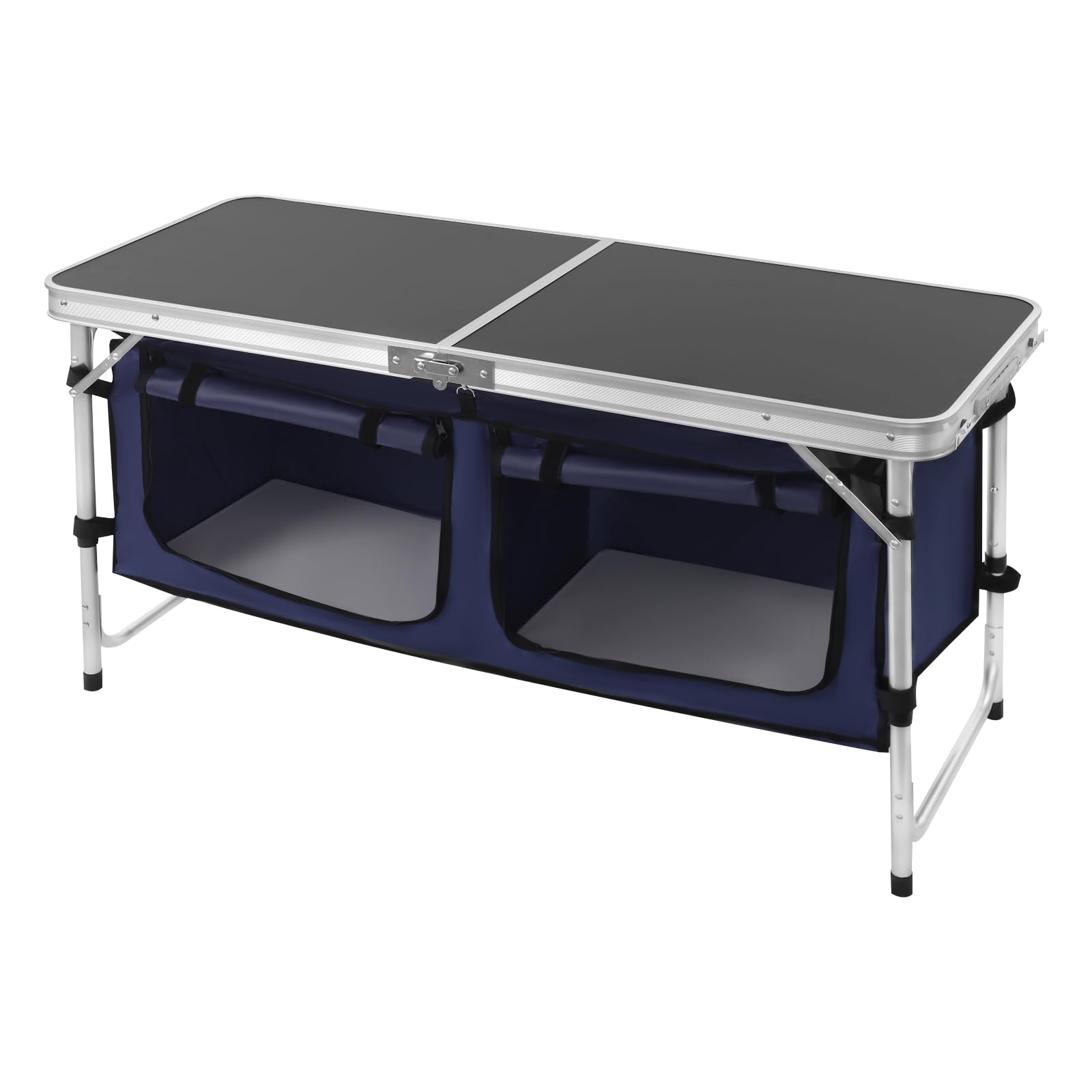 Składana szafka kempingowa, aluminiowa, składana, z 2 półkami z materiału, regulacja wysokości 54/63/70 cm, lekki stół ogrodowy do podróży, na plażę, podwórko, grillowanie, 120 x 47 cm