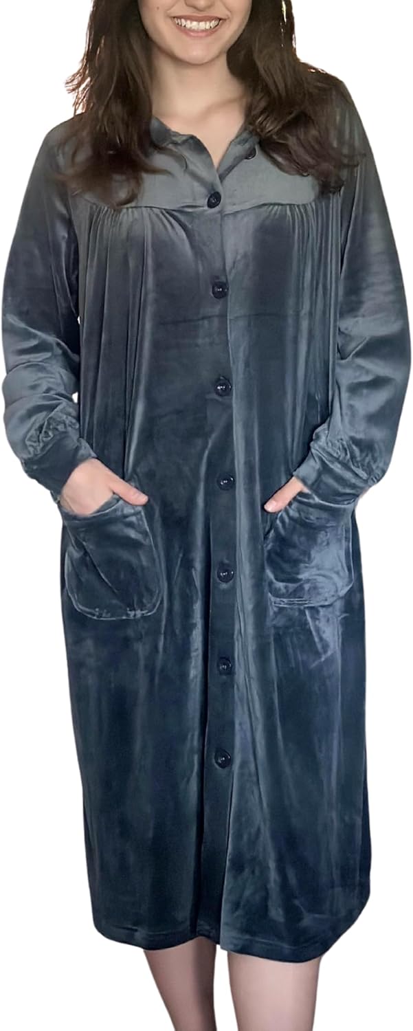 Ekouaer Button up Robes for Women Fleece Housecoat Soft House Dress long Sleeve Nightgown with Pockets S-3XL