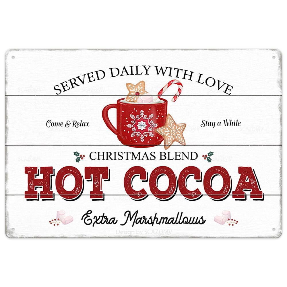 SMAZDFXX Hot Cocoa Metal Tin Sign Vintage Retro Poster For Home Kitchen Cafe Coffee Bar Wall Decor Christmas Theme Winter Art Decoration Plaque 12"x16"