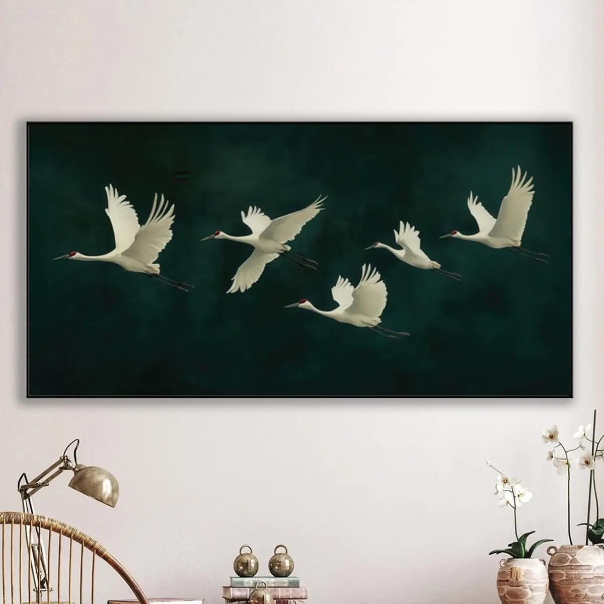 LTjiajuypd A Row of Flying Cranes Poster Prints Green Nature Landscape Canvas Painting Wall Art Picture Living Room Home Decor(55X110cm)