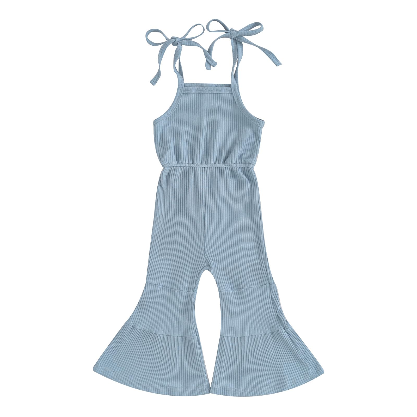 Toddler Baby Girl Bell Bottoms Overalls Ribbed Knit Romper Sleeveless Tie up Flared Jumpsuit Pants Leggings (A-Blue, 12-18 Months)