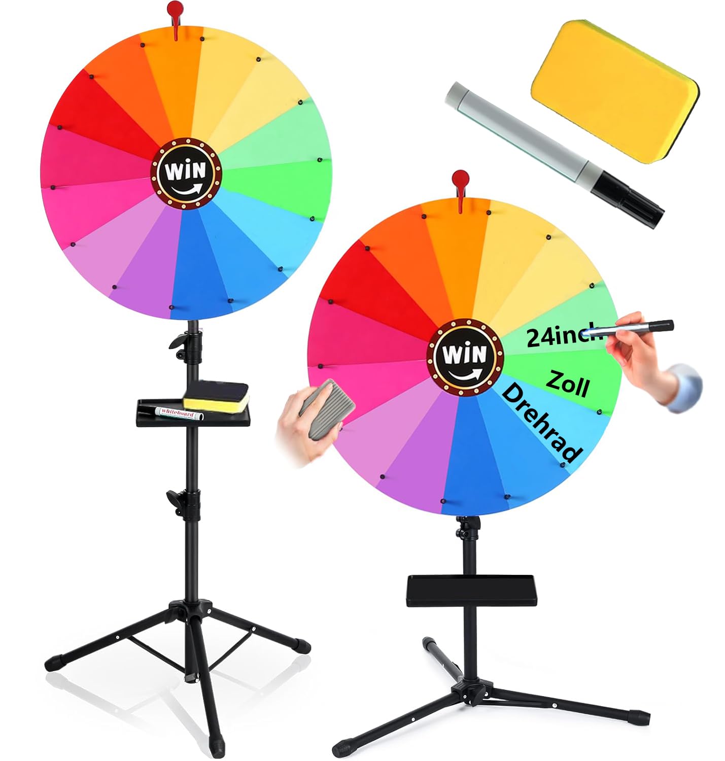 Drehbares Preisrad 61 cm, 14 Farben, verstellbar 94-165 cm, löschbares Kritzelspiel