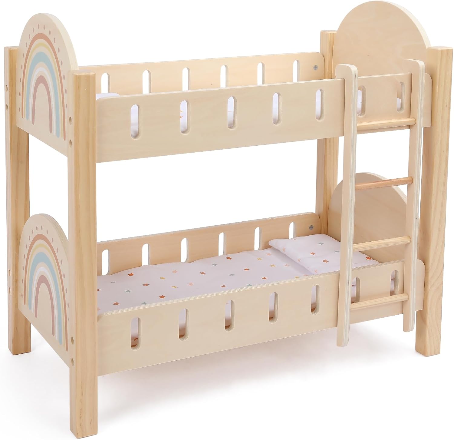Freniland Wooden Doll Bunk Bed with Ladder & Bedding – Two-Level Doll Bed Includes 2 Mattresses & 2 Pillows, Pretend Play Furniture for 18 Inch Dolls
