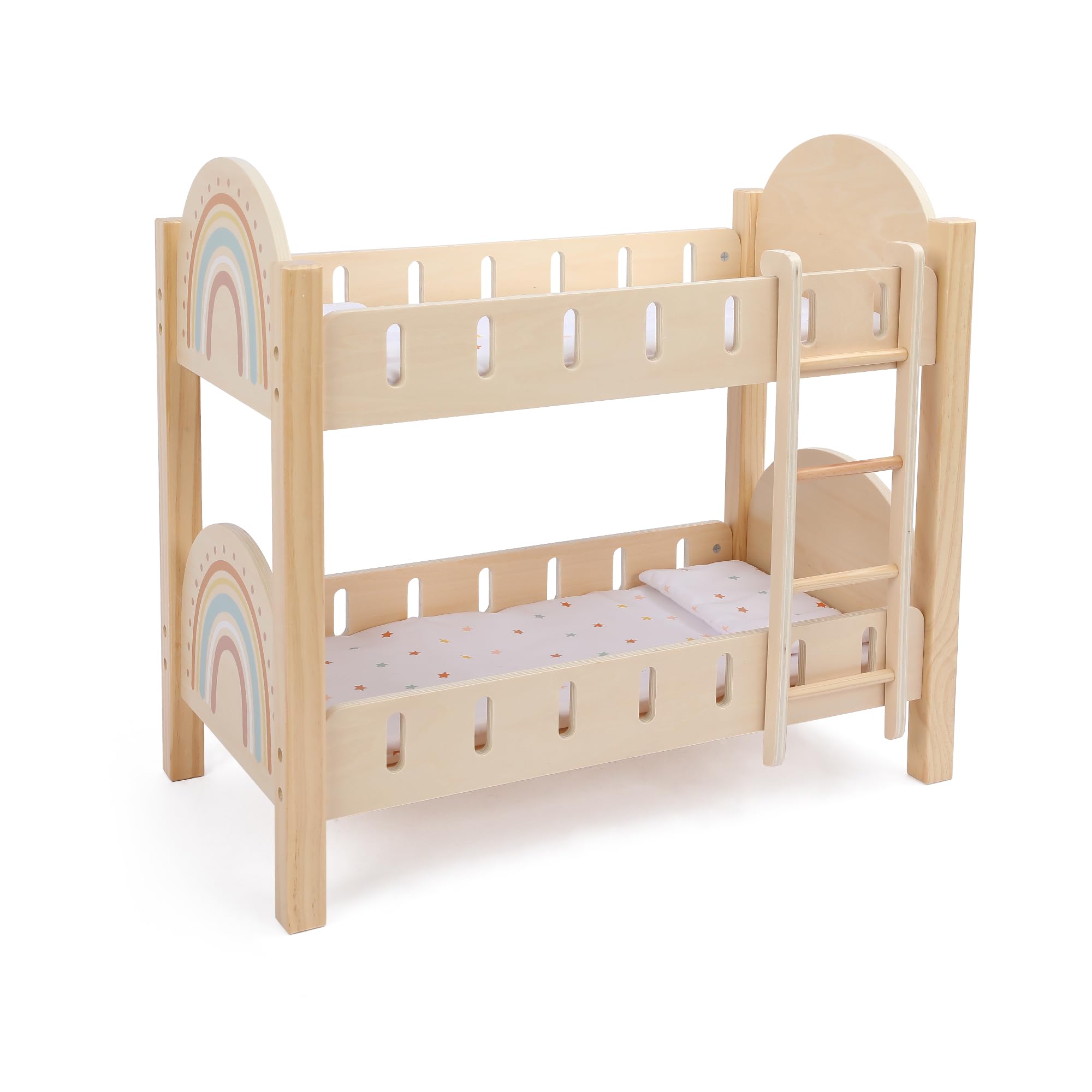 WoddyGo Wooden Doll Bunk Bed with Ladder & Bedding – Two-Level Doll Bed Includes 2 Mattresses & 2 Pillows, Pretend Play Furniture for 18 Inch Dolls