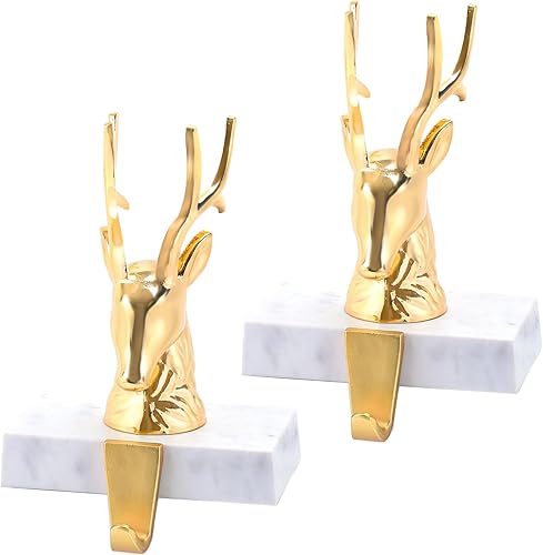 Juego de 2 soportes de calcetines de Navidad para manto, ganchos de metal con renos para decoración de estantes de Navidad, chimeneas (oro cromado)