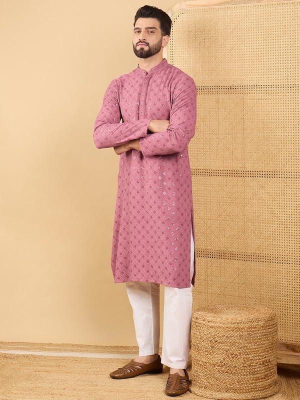 Image of Men's Solid Embroidered Long Straight Kurta | Men's Kurta | Embroidered Chikankari Kurta for Men | Straight Fit Kurta for Men