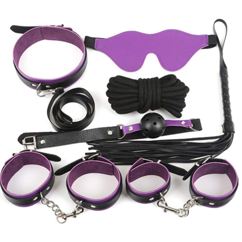 SM Adulto Flirtare Legame 7 Pezzi Set Uomini E Donne Maschera per Gli Occhi Pelle Manette Strumento di Tortura Oggetti di Scena del Sesso,Purple