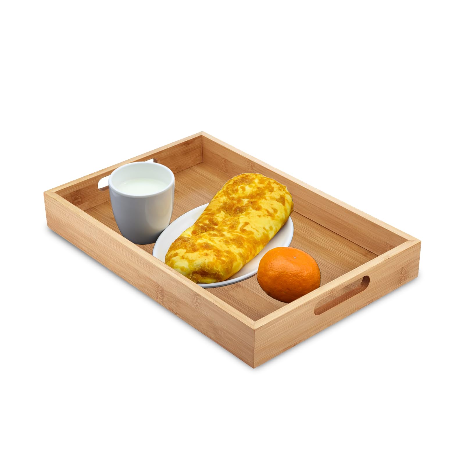 Eidoct Wooden Color Wooden Tray Bamboo Trays With Handles, Rectangular Bamboo Food Trays For Eating Breakfast Dinner,Food Dinner Breakfast Tray For Eating, Wooden Serving Board For Tea Coffee Snack (38 X 25 X 5Cm)