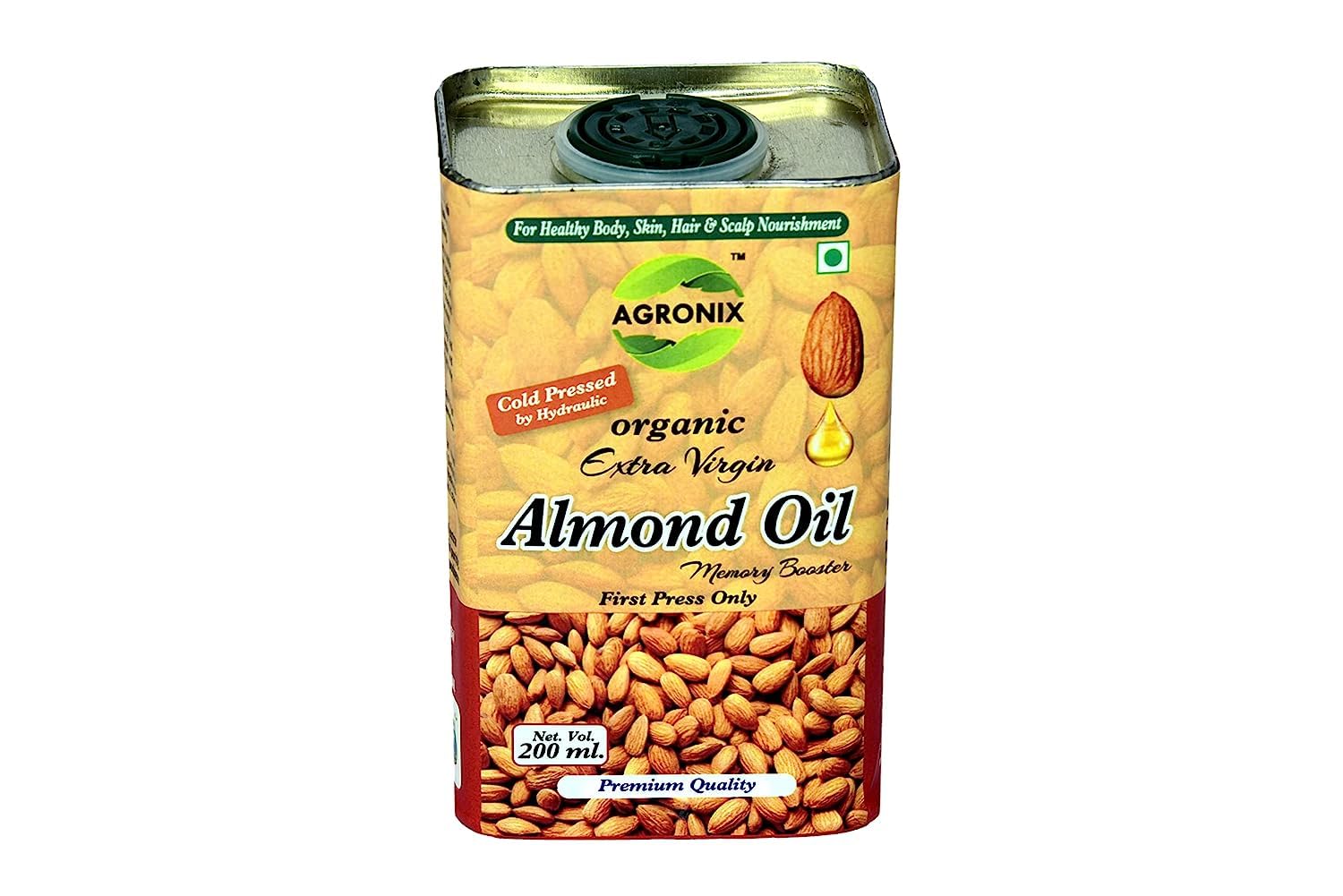 Agronix Cold Pressed Extra Virgin Almond Badam Oil for Traditional Recipes, Natural Care, and Household Uses - 200ML (Pack of 4)