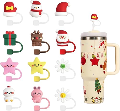 HFYZZ Stanley - 12 fundas para pajilla, de silicona con diseño de dibujos animados de 0.394 pulgadas (0.394 in), compatibles con vasos Stanley de 30