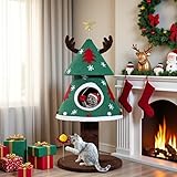 GOOBED Christmas Cat Tree with Reindeer Ears & Star Top, 47" Cat Tower with Cozy Bed, Teaser Ball & Snowflake Ornaments, Festive Cat Furniture for Indoor, Christmas Decoration, Green