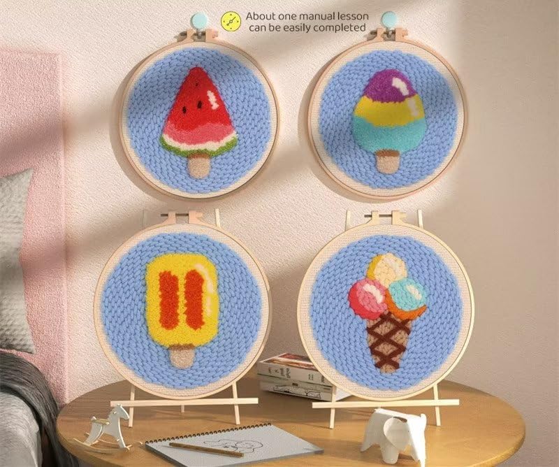 Embroidery Starter Kit Punch Needle Kits with Ice Cream Pattern Fabric Embroidery Hoop Yarn Punch Needle Threader for Adults Kids Beginner
