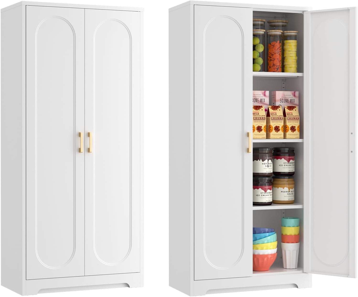 60″ Tall Kitchen Pantry Cabinet, Metal Pantry Cabinet with Doors and Adjustable Shelves, White Utility Storage Cabinet with Handles for Dining Room, Bathroom, Laundry Room – Assemble Required