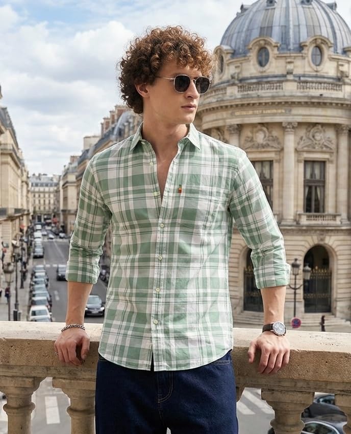 Image of IndoPrimo Men's Checked Slim Fit Casual Shirt Premium Cotton Full Sleeve Plaid Shirt with Chest Pocket Stylish Summer & Office Wear
