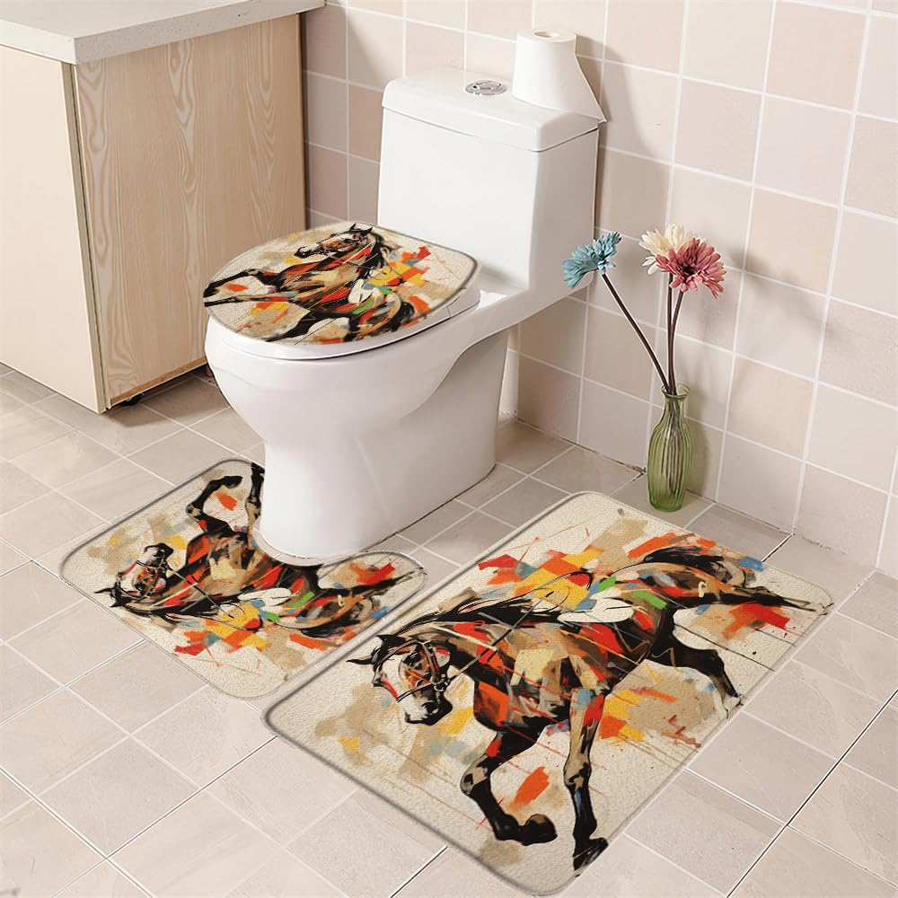 WUASDCS 3PCS Horse Bath Mat Set Watercolor Western Farm Animal Running in Farm Field Farmhouse Wildlife Bathroom Kitchen Floor Mat Doormat,Toilet Lid Cover and Bath Mat Microfiber Home Decoration Rug