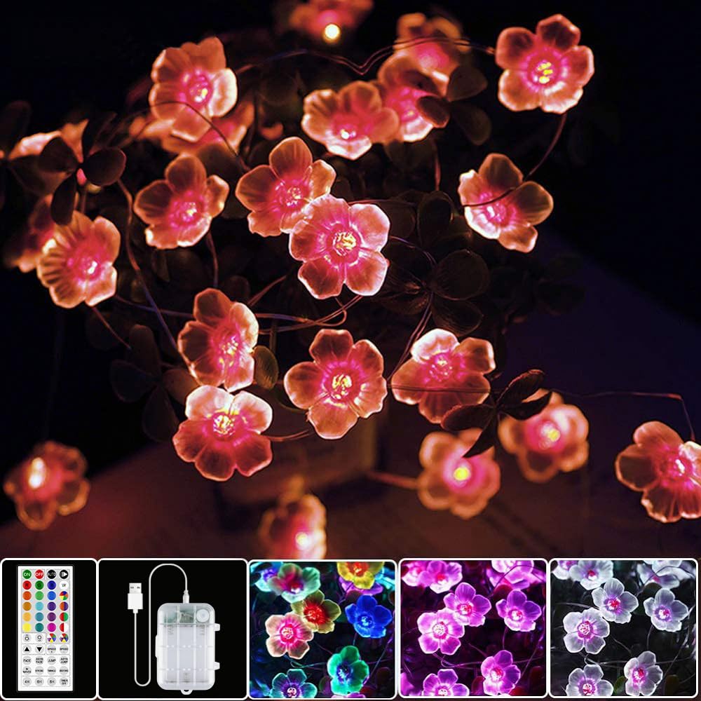 OMIKA Multicolor Flower Lights Cherry Blossom String Lights Battery Operated & USB Powered, 13ft 40LED Fairy Lights with Remote Timer Decorative Lights for Nursery Girls Bedroom Dorm Wedding Décor