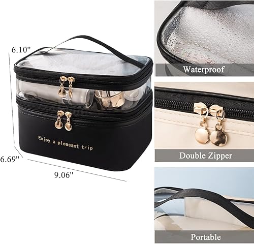 Miniatura 8 de kamumanni Bolsa de maquillaje grande de doble capa, bolsa de maquillaje impermeable transparente superior bolsa de cosméticos portátil de cuero PU