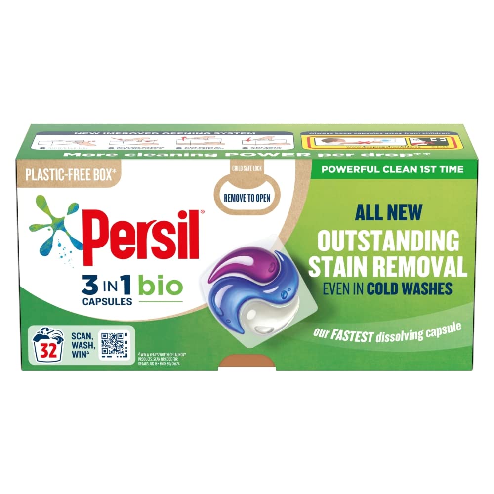 Persil3 in 1 Bio Washing Capsules laundry capsules for a powerful clean 1st time with recyclable, plastic-free box* 32 washes