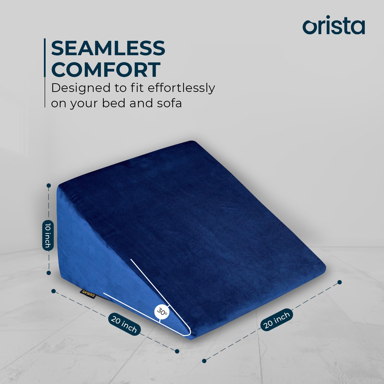 Orista™ Wedge Pillow Made with Advance Gel Blended Memory Foam Complete Back Support, Acid Reflux, Anti Snoring, Leg Elevation, Improves Comfort and Posture | 20 x 20 x 10 Inch | Blue Velvet Cover - Image 2 thumbnail