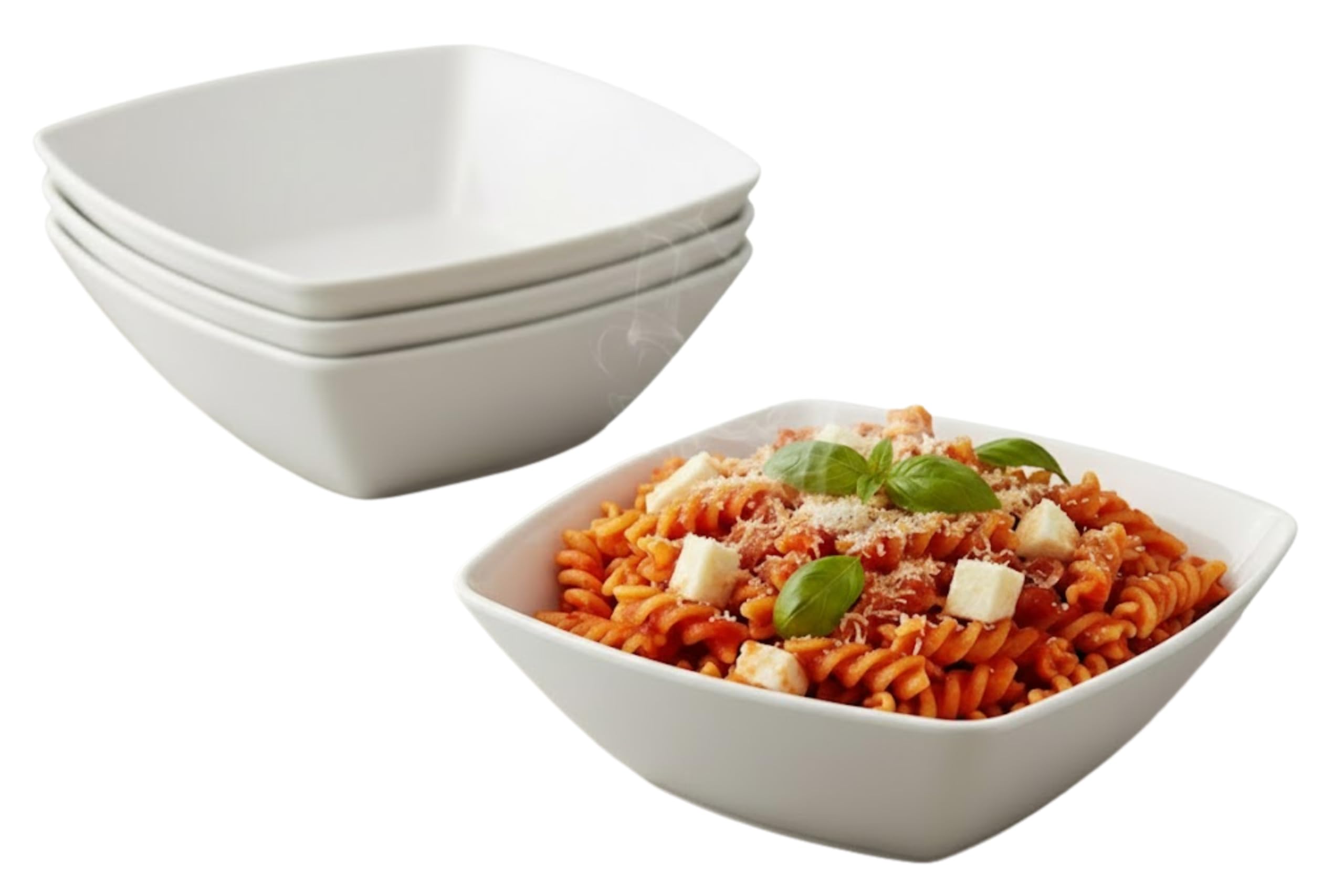 Buzztrove 4 Pack Plastic Bowls 24x24cm White – Reusable Square Serving Bowls – Durable Plastic Pasta, Fruit & Salad Bowls – Lightweight White Party Bowls.