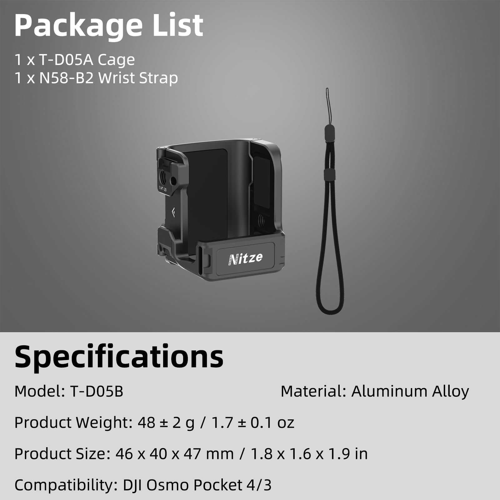 Nitze Adattatore di Espansione per DJI Osmo Pocket 4/3, Pocket 4/3 Cage con Cinturino da Polso, Slitta a Contatto Freddo, Dito Pieghevole e Supporto a Sgancio Rapido Action - T-D05B