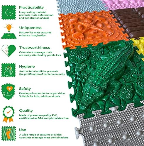 ORTO NATURE 8 Piece Massage Puzzle Floor Mats - Orthopedic Game Mat for Kids, Sensory Play, Childrens Play Mats, Game Mat Set (Crocodile Here)