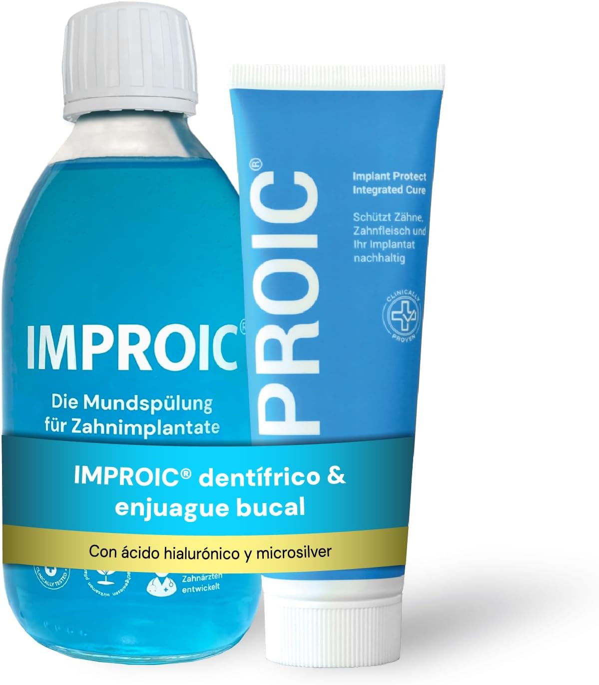 IMPROIC Enjuague bucal y pasta de dientes para implantes dentales (2 piezas) | con ácido hialurónico, microplata médica, fluoruro y sustancias naturales funcionales | Protege los dientes y los