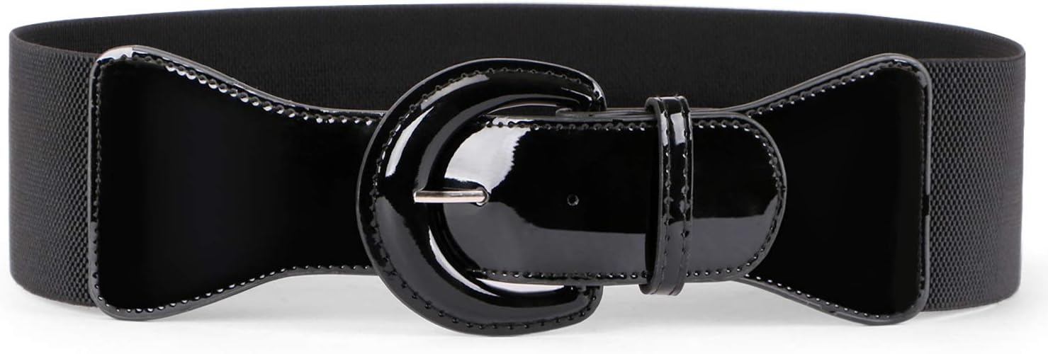 JASGOOD Women Wide Stretch Belt,Vintage Chunky Buckle Elastic Waist Belts Patent Leather Belt 50s Belt for Dress