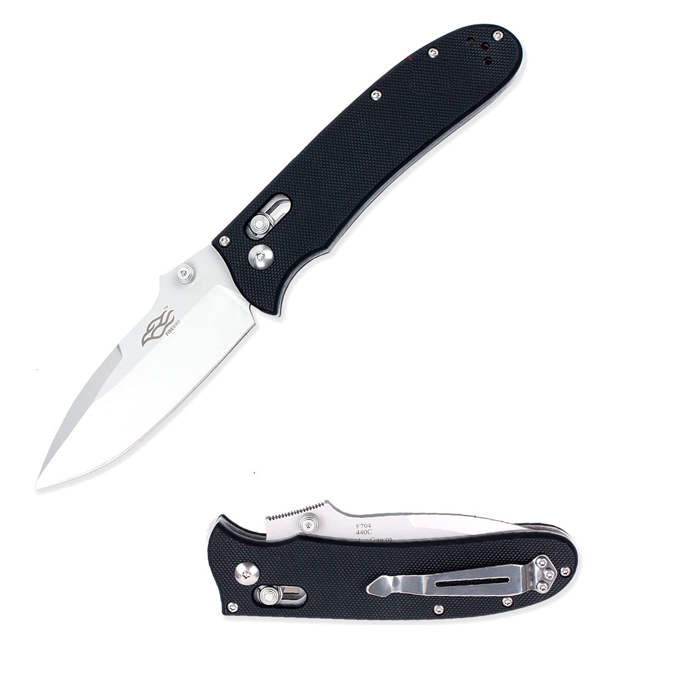 Firebird GANZO F704 Folding Pocket Knife 440C Stainless Steel Blade Anti-Slip G10 Handle with Clip Hunting Fishing Camping Folder Outdoor EDC Pocket Knife (Black) with Gift - Multi-Tool Card 8-in-1