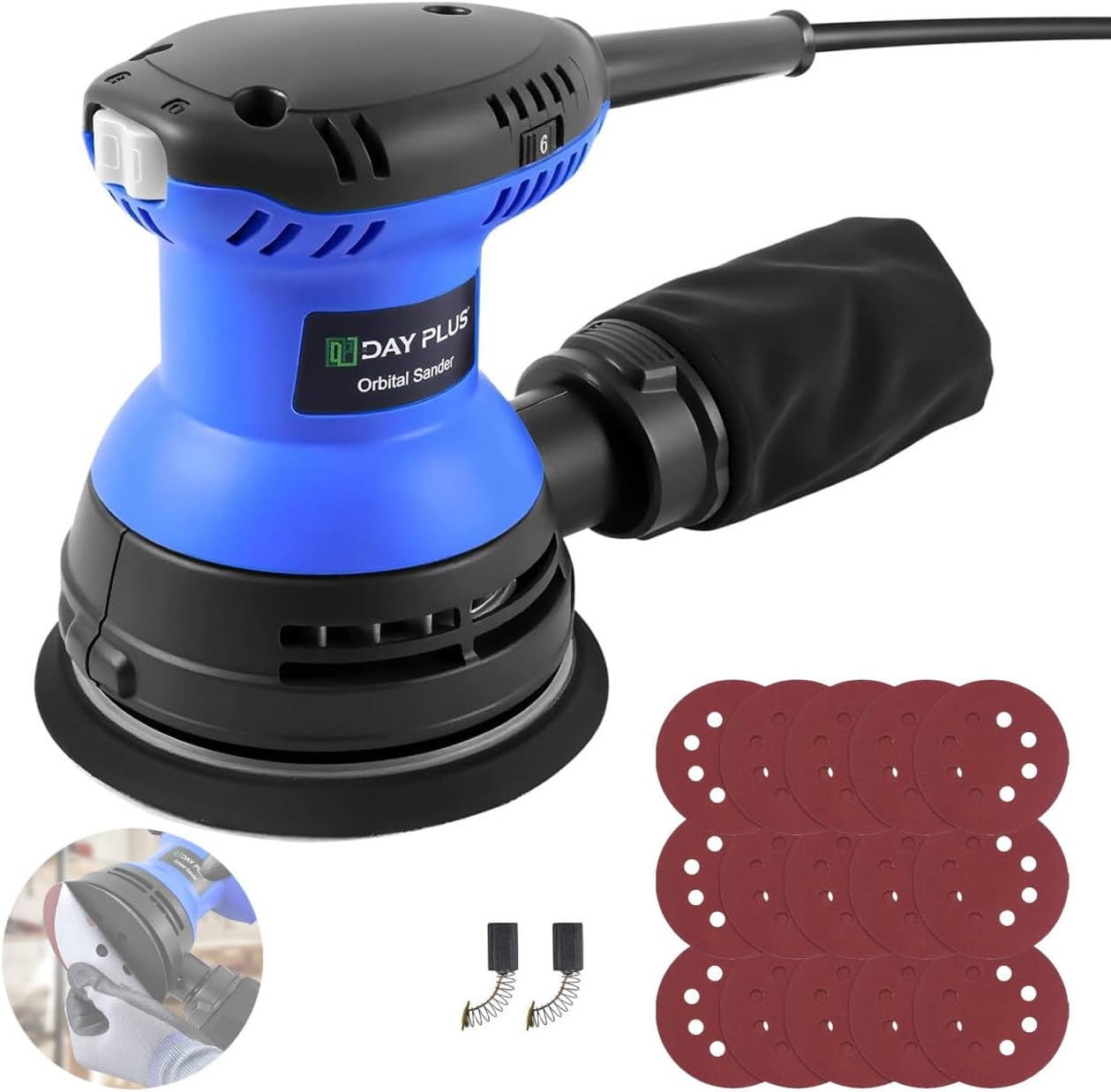 600W Orbital Sander, Random Orbital Sander Brushless with 6 Variable Speeds (4000-10700RPM) Electric Sanding Machine with 125mm 15pcs Sandpapers for Sanding/Polishing Wood, Blue