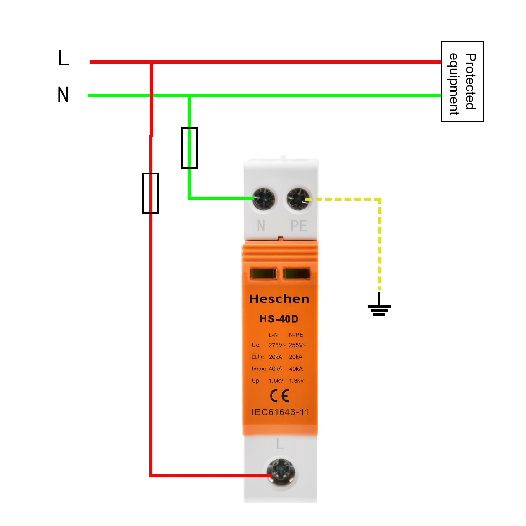 Heschen HS-40D SPD Dispositivo di Protezione Sovratensione 275VAC 20KA 1+NPE L-Line Down Ignifugo Guida DIN 35mm