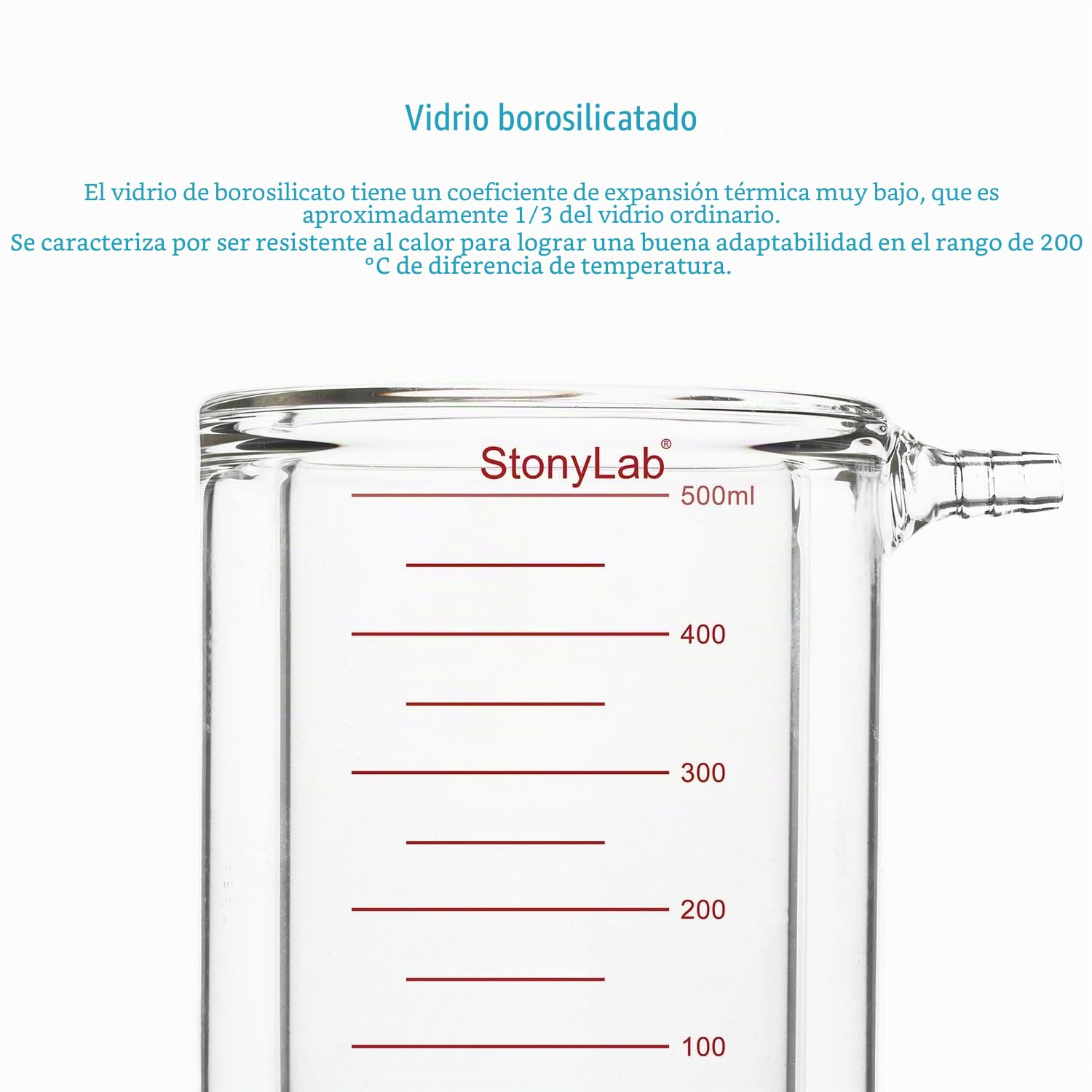 stonylab Vaso de Precipitados con Camisa de Vidrio, 500 ml, Borosilicato Graduado, Fondo Plano, Doble Pared para Reacciones de Laboratorio