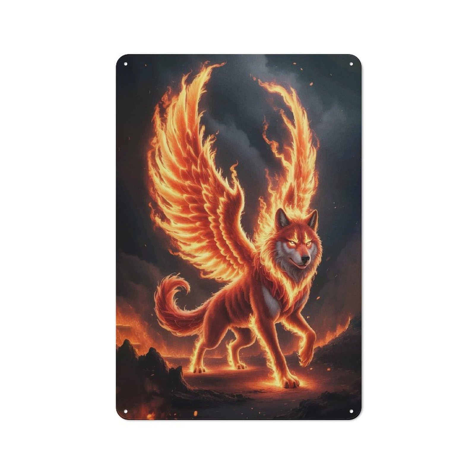 Junmoney Fiery Winged Wolf For Living Room Or Hallway, Rustic Metal Sign 30X20cm, For Home Interiors, Feature Walls And Decorative Displays