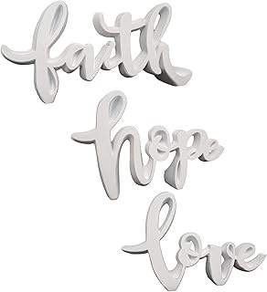 Faith, Hope & Love - Small Distressed White Tabletop Script Word Decor |3pk| Decorative Modern Farmhouse Resin Standing Words | Gifts for Women | Inspirational Gift