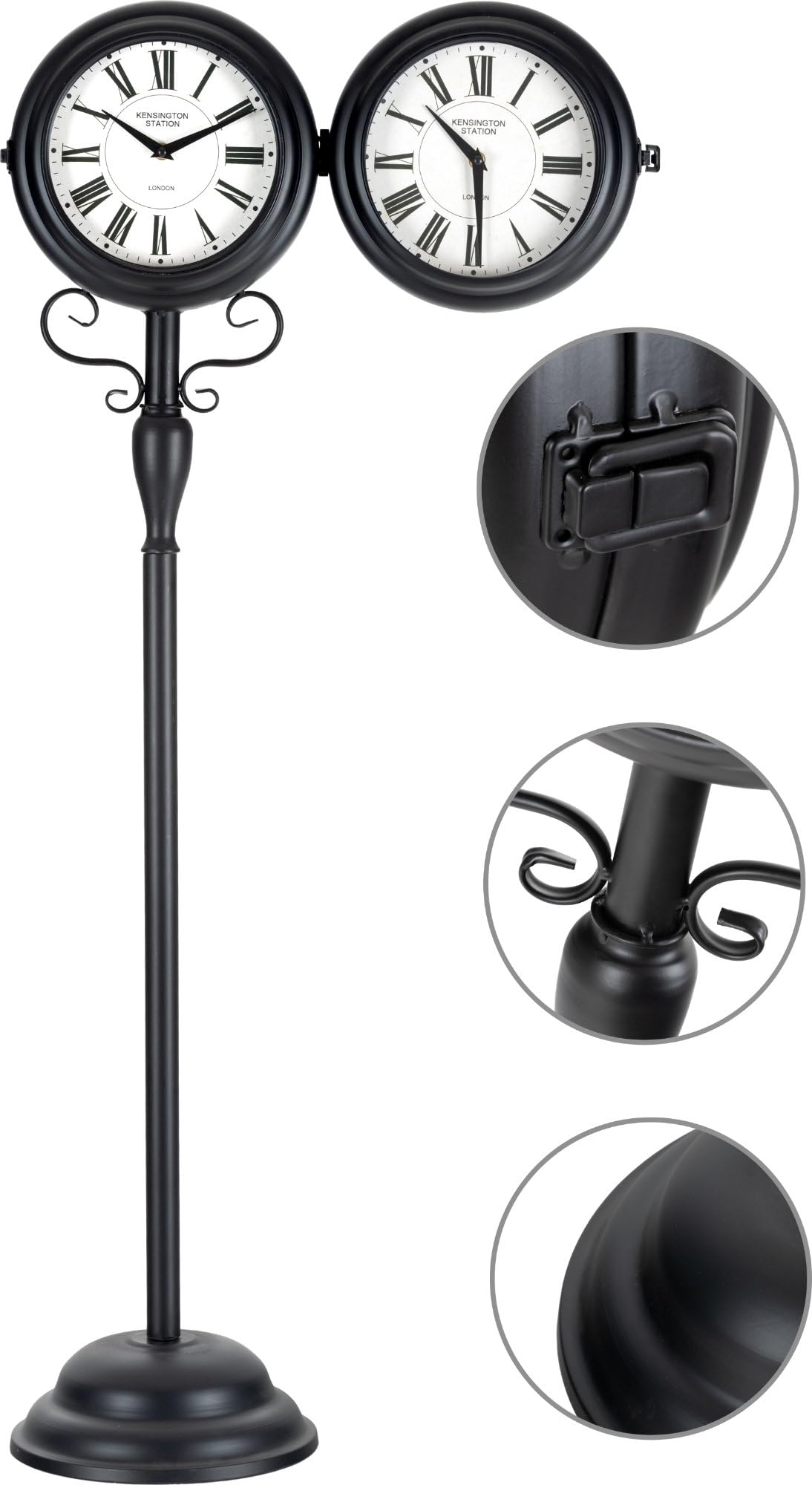 Stagecaptain BHU-11926 BK Stand-Bahnhofsuhr - Standuhr für Innen- und überdachten Außenbereich - Doppelseitig - Retro Metallkonstruktion - Durchmesser Ziffernblatt: 18 cm - Schwarz